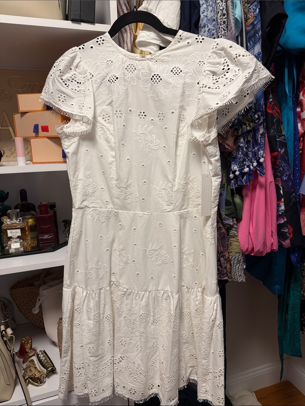 Shoshanna White Eyelet Flutter-Sleeve Mini Dress